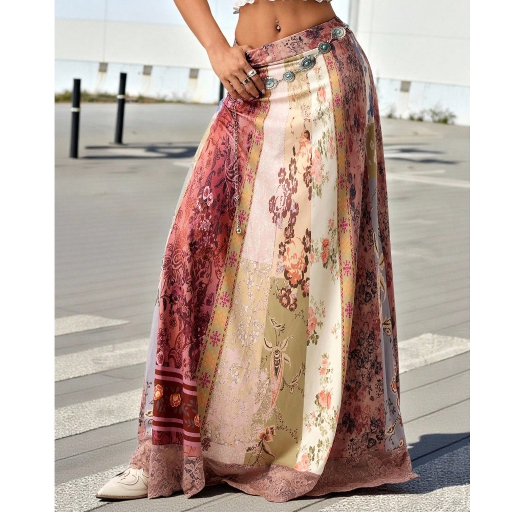 Elegant Floral Patchwork Maxi Skirt